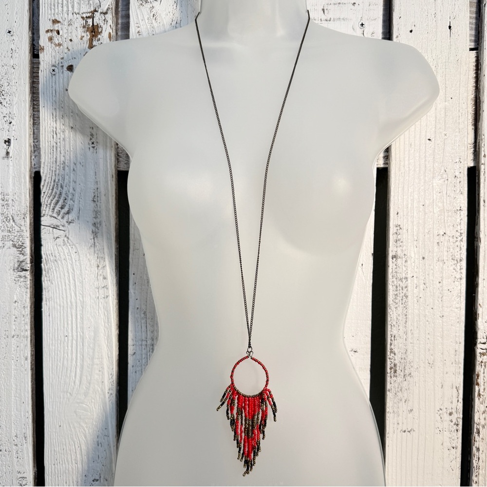Vintage Boho Dream Catcher Open Circle Bead Pendant Necklace Retro Red Bronze
